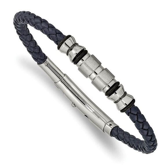 Stainless Steel Blue Leather Adjustable Bead Bracelet 7.75-8.25 Inch